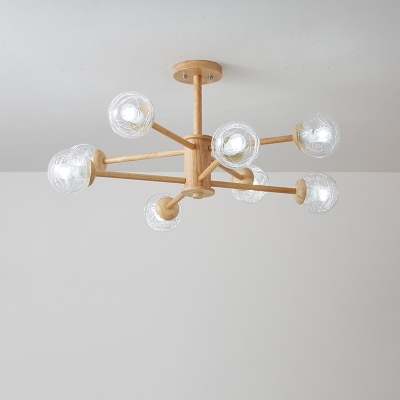 Ball Living Room Hanging Lamp Clear Glass 6/8/12-Light Contemporary Chandelier in Wood with Wire Deco