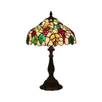 Barn Shaped Night Table Light 1 Head Stained Glass Tiffany Nightstand Lamp with Grape and Leaf Pattern in Green