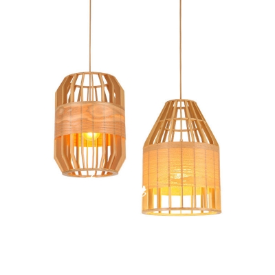 Barrel/Tapered Wooden Pendant Lamp Asian Single-Bulb Beige Pendulum Light over Dining Table