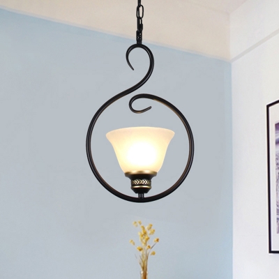 Bell/Flared/Floral Corridor Pendant Light Retro Ivory Glass 1 Head Black Suspension Lamp with Scrolled Arm