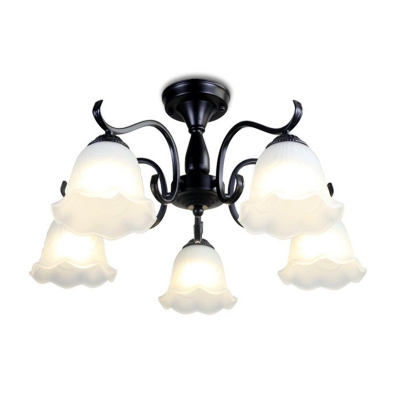 Bell/Flower Alabaster Glass Ceiling Lamp Farmhouse 6/8/10-Head Living Room Semi Flush Mount Light in Black