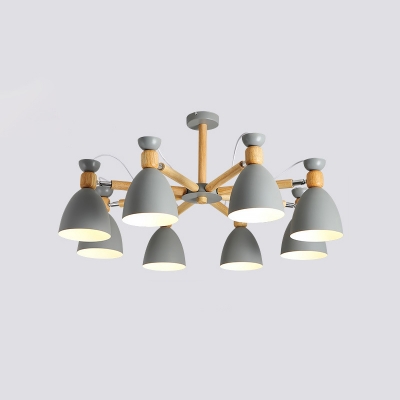 Bell Shade Suspended Lighting Fixture Macaron Metal 6/8 Bulbs Living Room Chandelier in Grey/White/Green and Wood