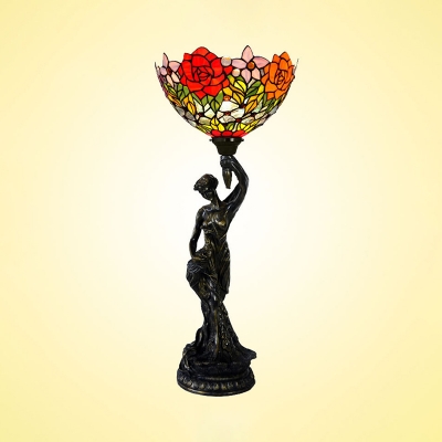 Bronze Lady Liberty Table Light Tiffany 1-Bulb Metal Open-Top Night Lamp with Floral Stained Glass Shade