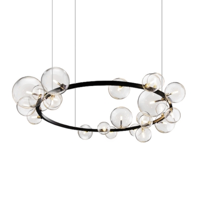 Bubble Dining Room Chandelier Clear Glass 15/24-Bulb Modernist Circle Ceiling Pendant Light in Black