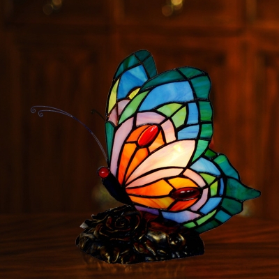 Butterfly Night Table Lamp Tiffany Hand-Cut Stained Glass 1-Light Blue Nightstand Light
