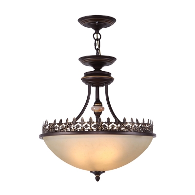 Classic Bowl Pendant Chandelier 3-Bulb Frosted Glass Hanging Lamp with Filigree Trim in Black