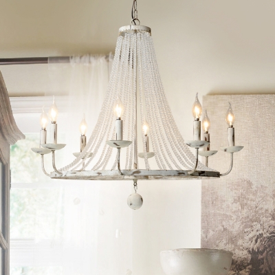 Crystal Beaded Flared Chandelier Victorian 5/6/12-Bulb Bedroom Ceiling Pendant with Candle Design in Distressed Wood