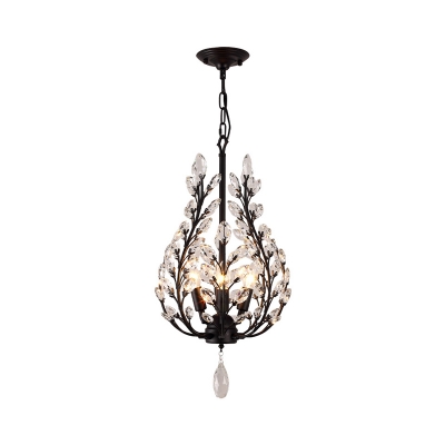 Crystal Branch Pendant Chandelier Rustic 3 Lights Dining Room Ceiling Suspension Lamp in Black