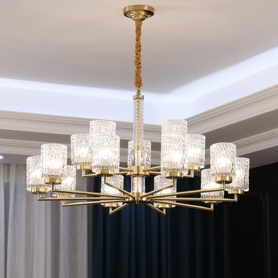 Cylindrical Restaurant Hanging Lamp Geometric-Cut Glass 6/8/15 Lights Modern Chandelier in Gold