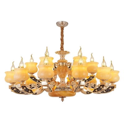 Faux Candle Jade Chandelier Traditional 15/18/35 Heads Bedroom Ceiling Hang Lamp in Yellow