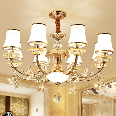 Flared Milk Ribbed Glass Hanging Lamp Traditional 6/10/15 Heads Bedroom Chandelier Light in Gold