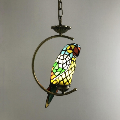 Flower/Parrot/Bell Pendulum Light 1 Head White/Red/Pink Glass Tiffany Ceiling Pendant with C-Arm in Bronze