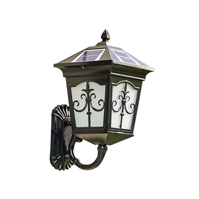 Frost Glass House Shaped Solar Wall Sconce Traditional Courtyard LED Wall Lighting in Bronze/Black