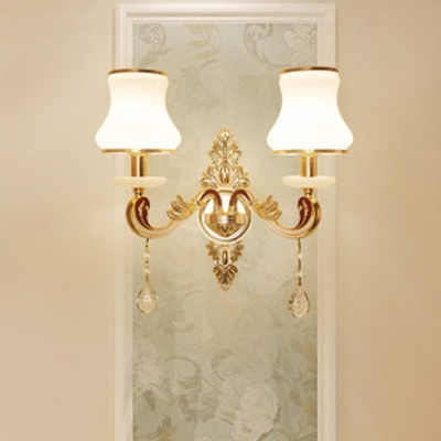 Frosted Glass Floral/Flared Wall Lamp Traditional 1/2-Light Living Room Wall Mounted Light in Gold with Crystal Drop