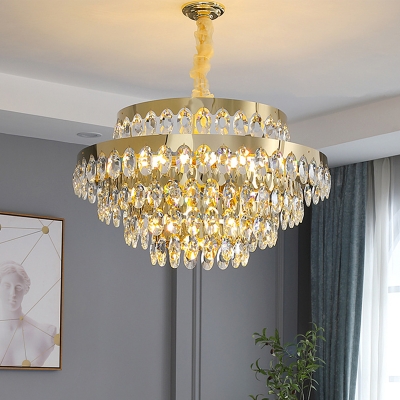 Gold Finish Layers Chandelier Lighting Mid-Century 12/18 Bulbs Oval Crystal Ceiling Pendant with Round/Linear Canopy, Small/Large