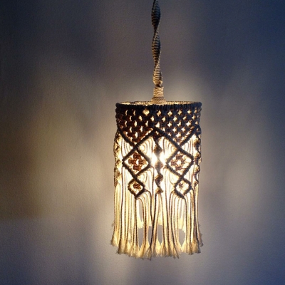 Hand-Weaving Bedside Pendulum Light Bohemian Hemp Rope 1 Head White Ceiling Pendant