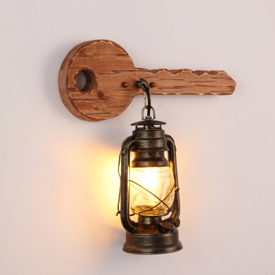 Key/Rudder Shaped Wooden Wall Lamp Nautical 1 Head Bedside Wall Mount Light in Brown with Kerosene Clear Glass Shade