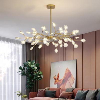 Leaf/Orb Shaped Ceiling Hang Lamp Modernism Acrylic 30/45/54 Heads Bedroom Firefly Chandelier in Black/Gold