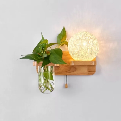 Left/Right Rattan Ball Pull-Chain Wall Sconce Nordic 1 Head White/Pink/Yellow Plant Pot Wall Light with Wood Shelf