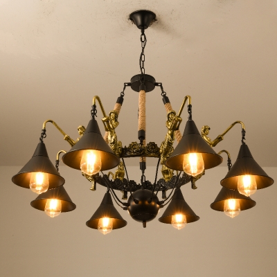 Metal Mermaid Chandelier Light Nautical 5/8 Heads Dining Room Drop Lamp with Rope Cord and Cone Shade in Black-Bronze