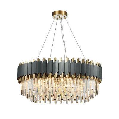 Minimalist Drum Shaped Drop Pendant Prismatic Crystal 6/8/12 Bulbs Living Room Chandelier in Gold and Black
