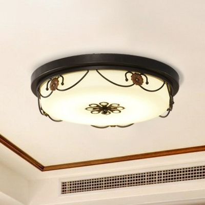 Round Dining Room Flush Mount Lamp Retro Milk Glass LED Black Flush Ceiling Light Fixture with Floral Design