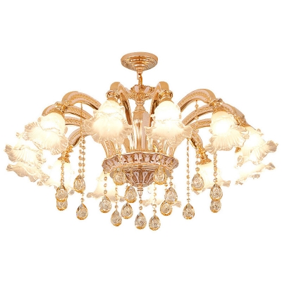 Ruffle Living Room Ceiling Chandelier Traditional Clear Glass 10/12/15-Bulb Gold Wall Mounted Lamp with Crystal Drape