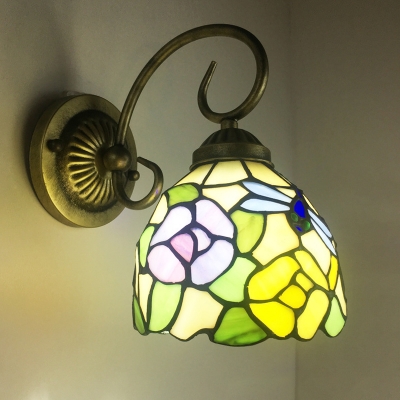 Scalloped/Ruffle/Jewel Wall Lamp Fixture Single Stained Glass Tiffany Sconce Lighting with Scroll Arm in Brass