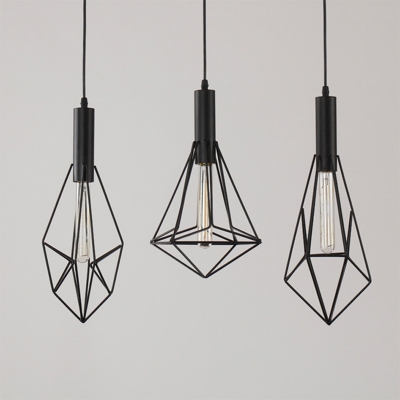 Single-Bulb Ceiling Pendant Nordic Gem Shaped Iron Hanging Lamp in Black over Dining Table