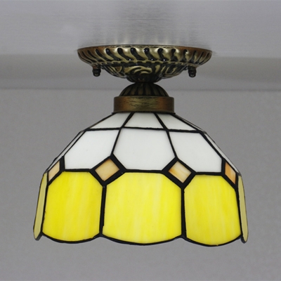 Single-Bulb Corridor Ceiling Lighting Tiffany Red/Pink/Yellow Semi Flush Light with Bowl Gridded Glass Shade