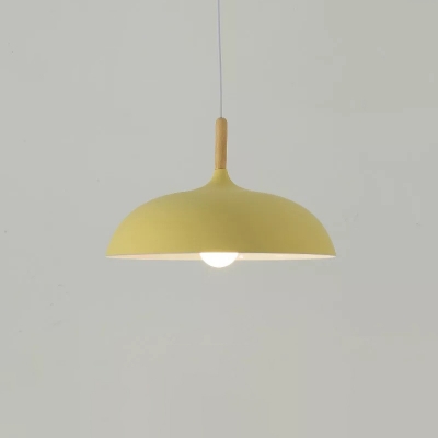 Small/Large Macaron Bowl Drop Pendant Metallic Single Dining Room Hanging Light Fixture in Grey/Yellow/Blue with Wood Top