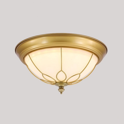Small/Medium/Large Gold LED Ceiling Lamp Traditional Milk Glass Dome Flush Light with Floral Guard, Warm/White Light/Third Gear