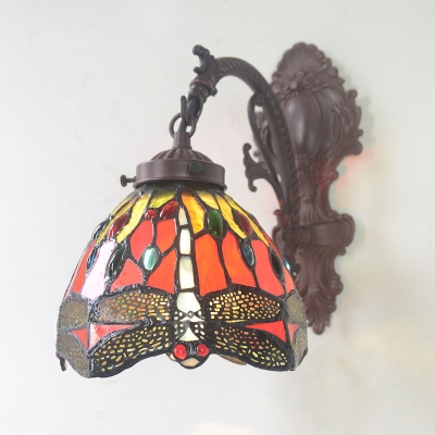 Stained Art Glass Bell Wall Lamp Tiffany-Style Single Red Sconce Light Fixture with Dragonfly Pattern