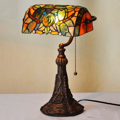 Stained Glass Yellow Piano Desk Lamp Dragonfly 1-Light Tiffany Pull-Switch Bankers Lamp with Flared Carved Base