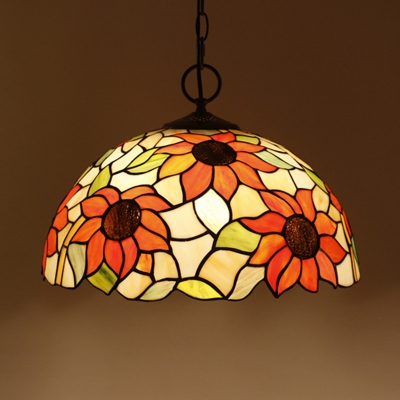 Tiffany Dome Suspension Pendant 3 Heads Sunflower/Butterfly Patterned Glass Hanging Light with/without Pull Chain Switch in Black