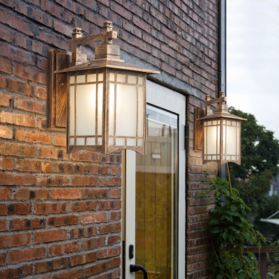Traditional Pavilion Lantern Sconce 1-Light Sandblasted Glass Wall Mount Lamp in Black/Bronze