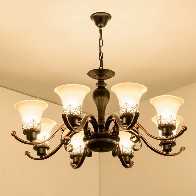 Vintage Flared Chandelier Lighting 3/6/12 Heads Frosted White Glass Suspension Lamp in Black