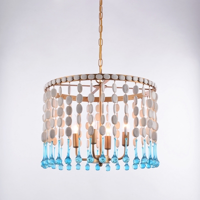 Wooden 1/2-Tiered Fringe Drop Pendant Lodge 4-Bulb Bedroom Ceiling Chandelier with Droplet in Blue-White