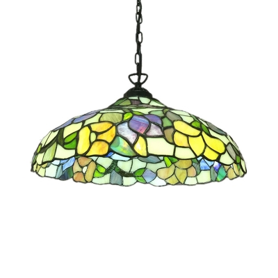 Yellow Flower Patterned Barn Pendant Light Tiffany 1 Head Stained Glass Hanging Light Fixture