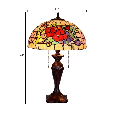 2-Light Night Stand Lamp Tiffany Dome Hand-Cut Stained Glass Table Light with Pull Chain in White