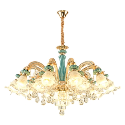 3/6/15-Bulb Down Chandelier Light Vintage Living Room Pendant Lamp with Ruffle Frosted Glass Shade in Gold