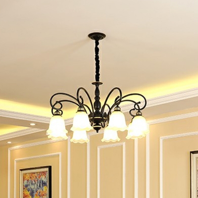 3/8/10 Bulbs White Glass Pendant Lamp Retro Black Ruffled Bedroom Ceiling Chandelier