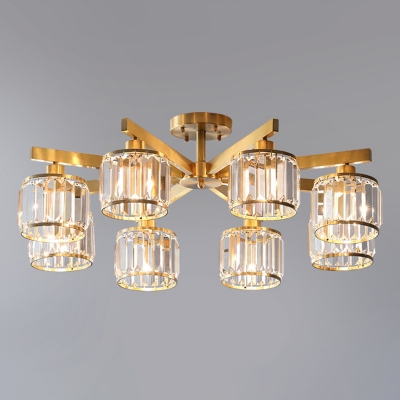 5/6/8 Heads Bedroom Ceiling Fixture Postmodern Gold Semi Flush Light with Cylinder Prismatic Crystal Shade