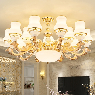 6/8/10-Bulb Curved Ceiling Hang Lamp Retro Gold Opaline Glass Chandelier Light Fixture