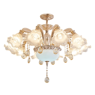 8/10/12 Lights Bedroom Chandelier Modern Gold Wall Lamp Fixture with Layered Ruffle Frosted Glass Shade and Crystal Deco