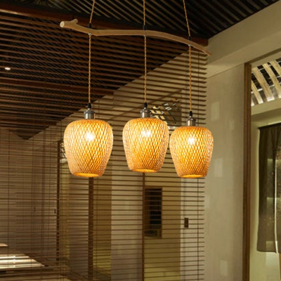 Bell Ceiling Hanging Lantern Asian Wooden 3-Head Tearoom Cluster Pendant Light in Beige