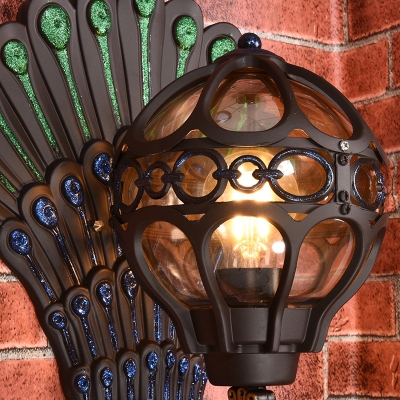 Black Globe Wall Lamp Rustic Clear Glass 1 Head Porch Wall Lighting with Peacock Tail Backplate