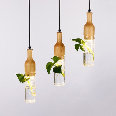 Bottle Clear Glass Pendant Light Fixture Nordic 3-Bulb Dining Room Ceiling Lamp with Round/Linear Canopy, Black/Wood