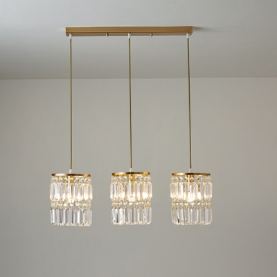 Brass Cylindrical Multi-Pendant Postmodern 3 Lights Tri-Prism Crystal Ceiling Hang Lamp with Round/Linear Canopy