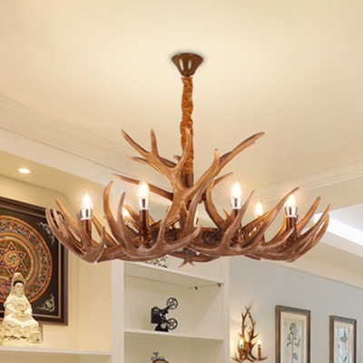 Brown Deer Horn Suspension Lamp Rustic Resin 9 Lights Living Room Ceiling Chandelier
